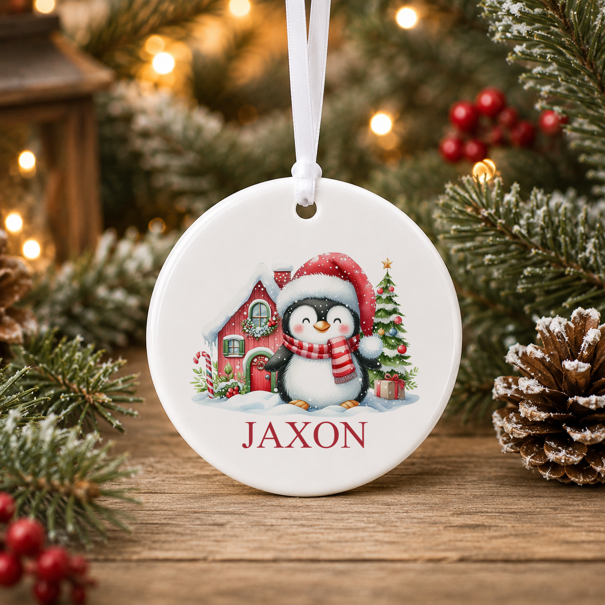 Personalised Santa Hat Penguin Christmas bauble with a custom name