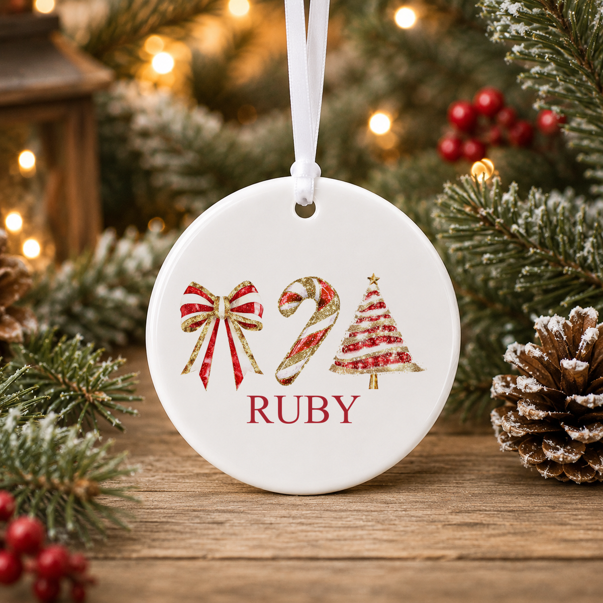 Personalised Bow, Candy Cane and Tree Christmas bauble with a custom name