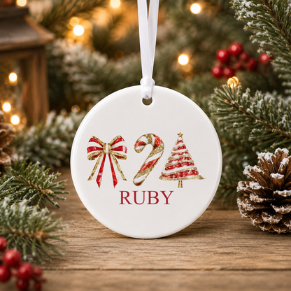 Personalised Bow, Candy Cane and Tree Christmas bauble with a custom name