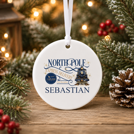 Personalised North Pole Express Navy Train Christmas bauble with a custom name
