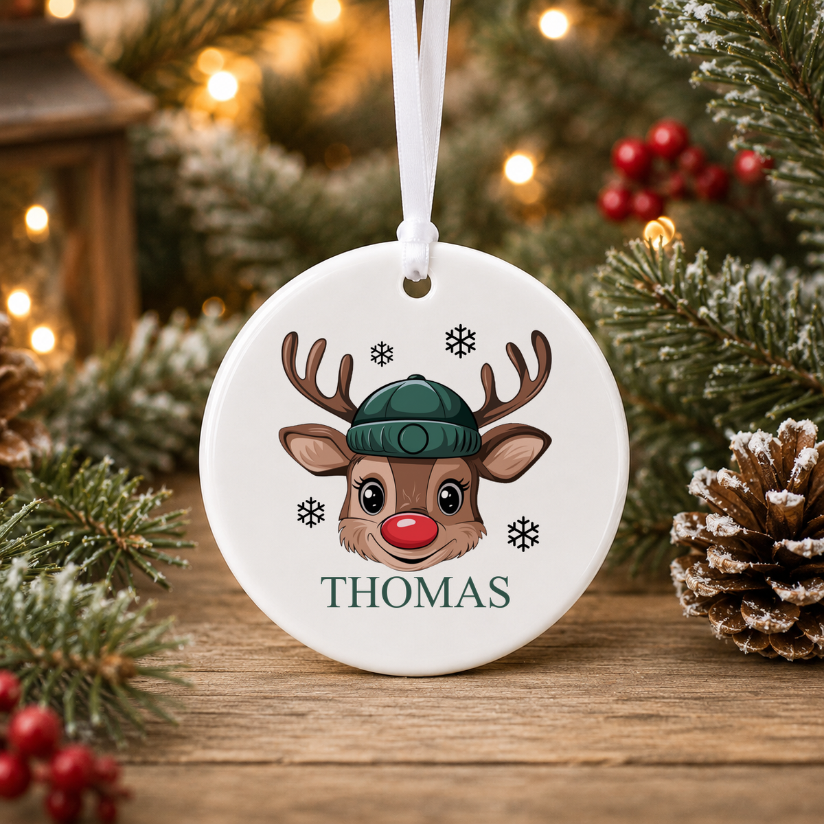 Personalised Reindeer Face Beanie Christmas bauble with a custom name