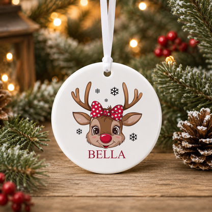 Personalised Reindeer Face Polka Bow Christmas bauble with a custom name