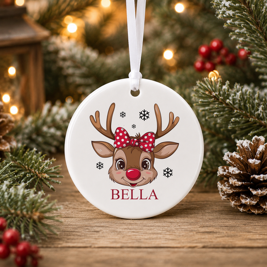 Personalised Reindeer Face Polka Bow Christmas bauble with a custom name