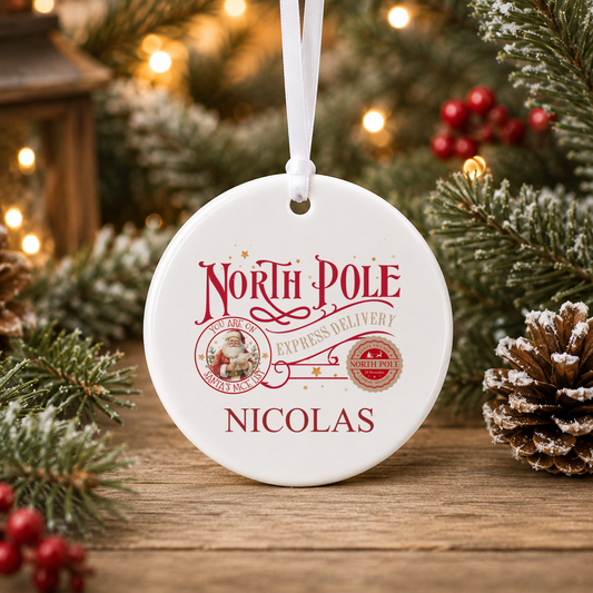 Personalised North Pole Express Santa Stamp Christmas bauble with a custom name