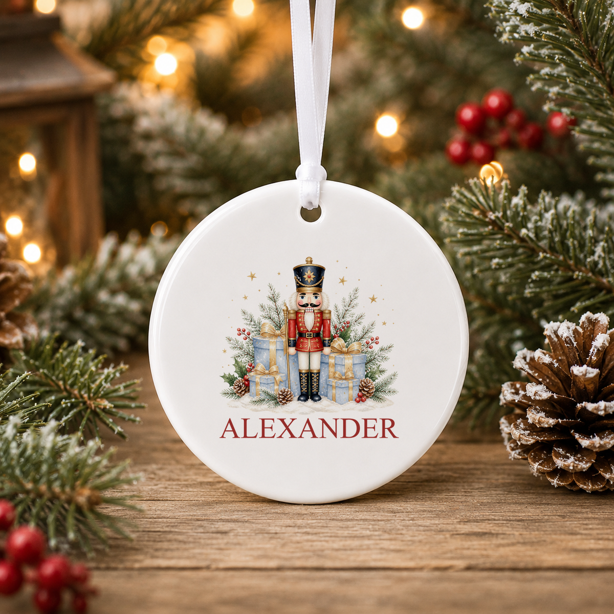 Personalised Nutcracker Soldier and Gifts Christmas bauble with a custom name