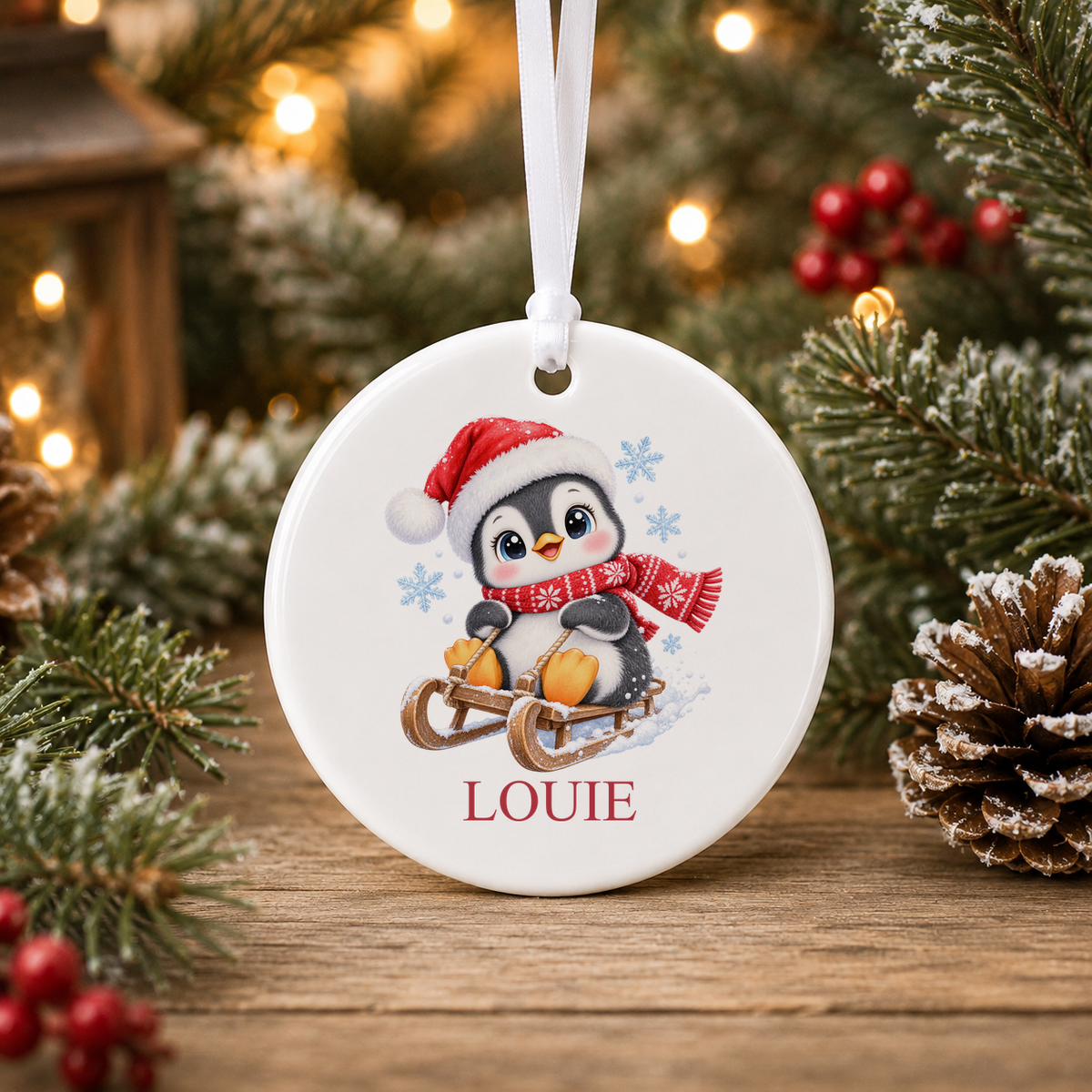 Personalised Sledging Penguin Christmas bauble with a custom name