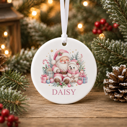 Personalised Pink Santa and Polar Bear Christmas bauble with a custom name