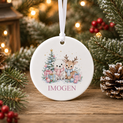 Personalised Polar Bear and Fawn Friends Christmas bauble with a custom name