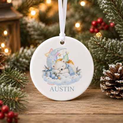 Personalised Sleepy Polar Bear Christmas bauble with a custom name