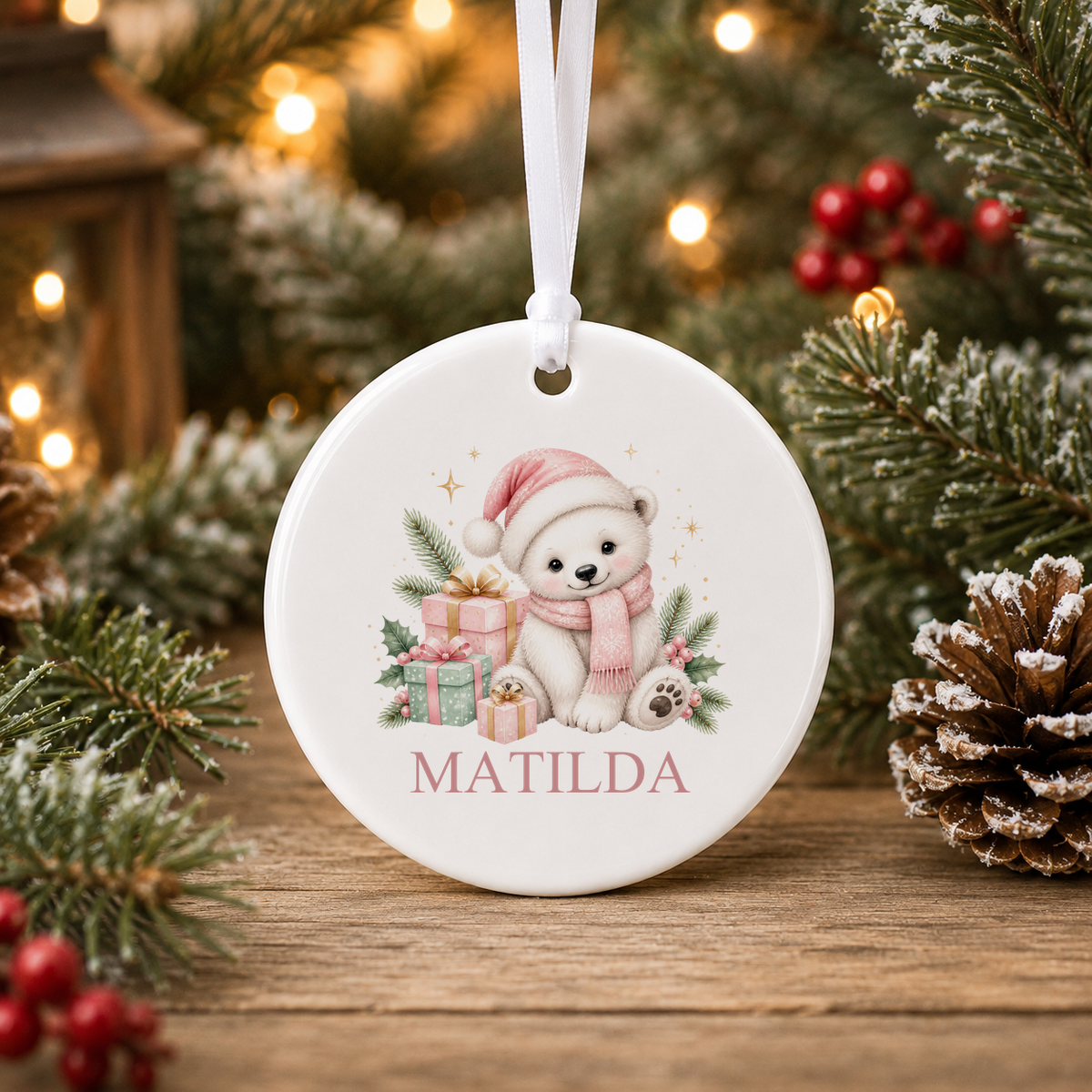 Personalised Polar Bear Cub Santa Hat Christmas bauble with a custom name