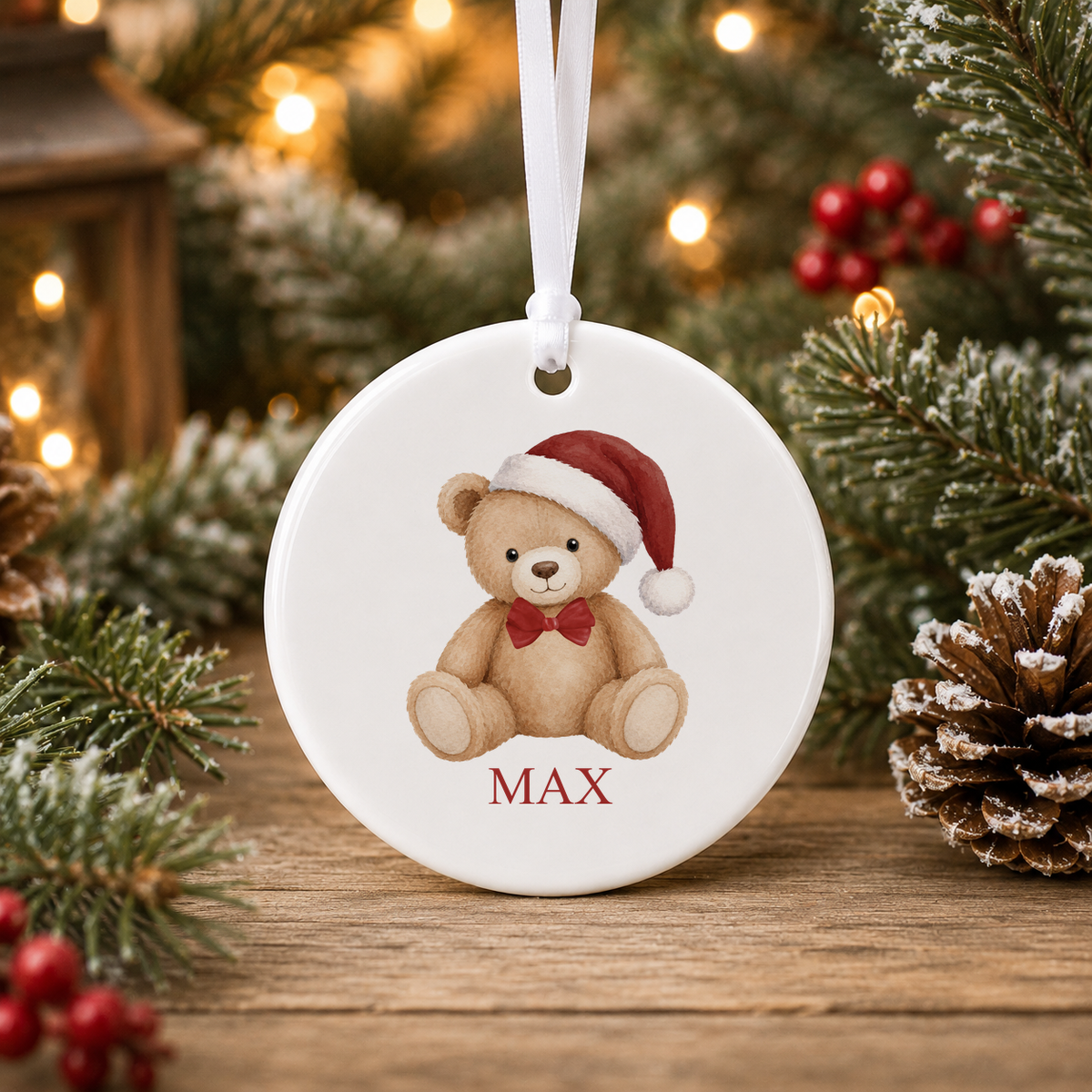 Personalised Classic Santa Hat Teddy Christmas bauble with a custom name
