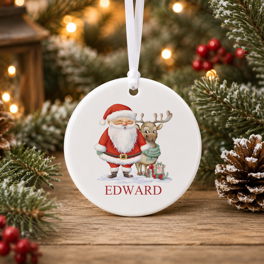 Personalised Santa and Reindeer Christmas bauble with a custom name
