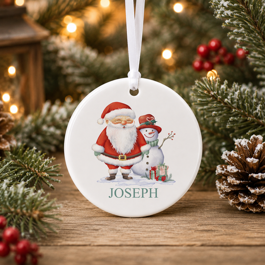 Personalised Santa and Snowman Christmas bauble with a custom name
