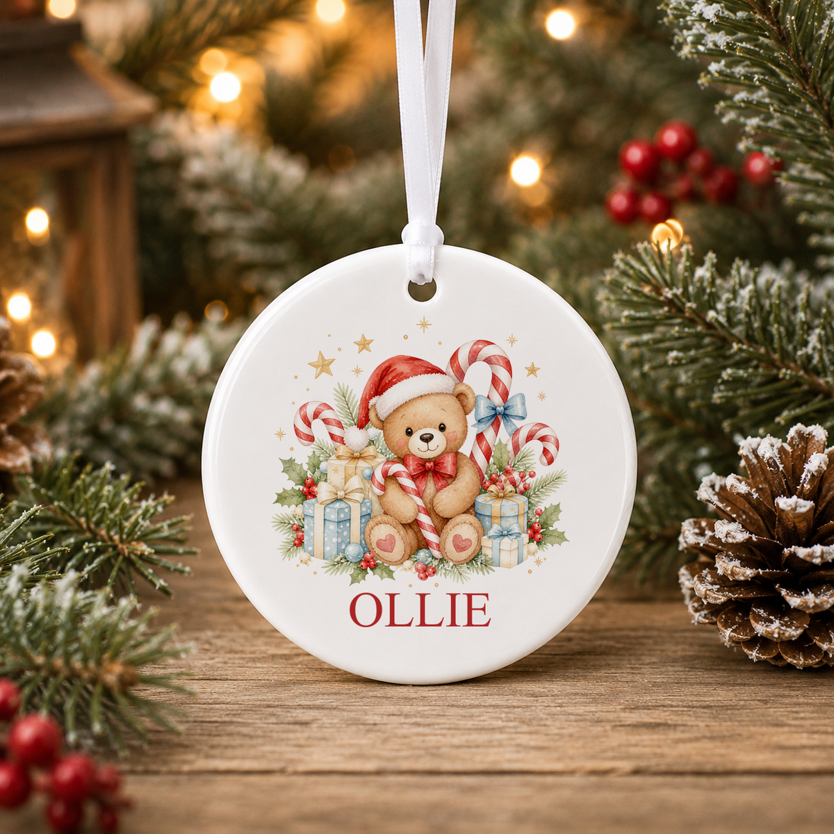 Personalised Candy Cane Teddy Christmas bauble with a custom name
