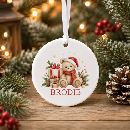 Personalised Cosy Scarf Teddy Christmas bauble with a custom name