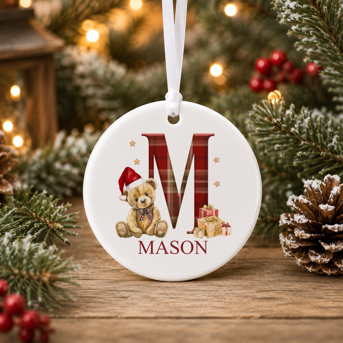 Personalised Tartan Initial Teddy Christmas bauble with a custom name