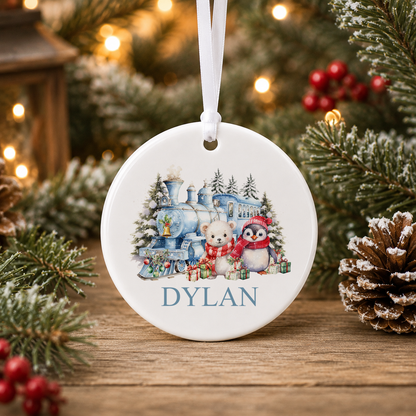 Personalised Winter Christmas Train Christmas bauble with a custom name