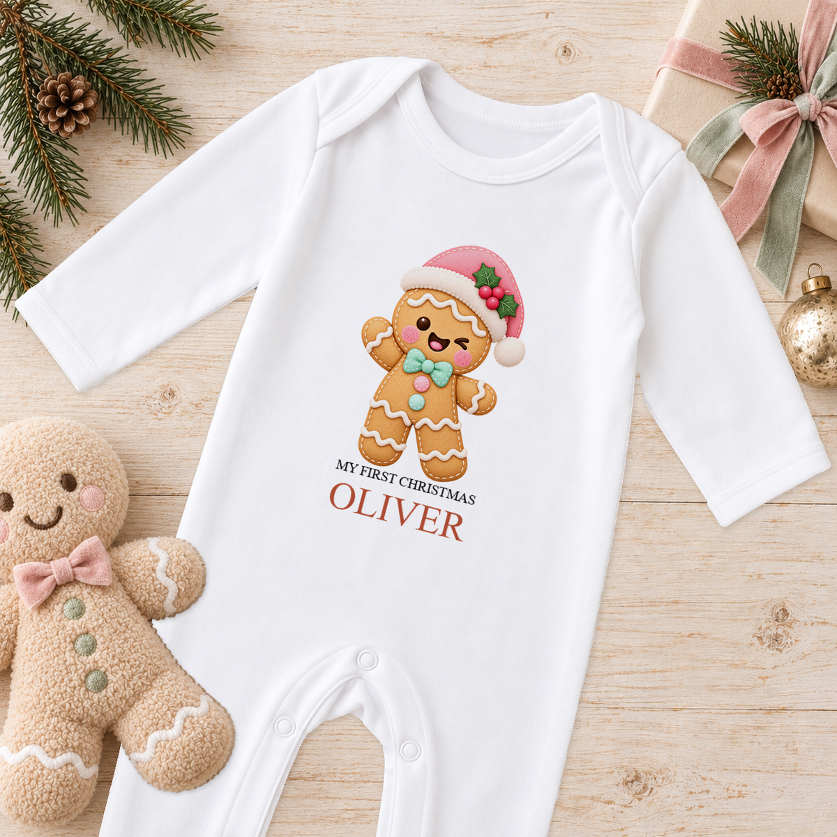 Personalised Gingerbread Santa Hat baby Christmas sleepsuit with a custom name
