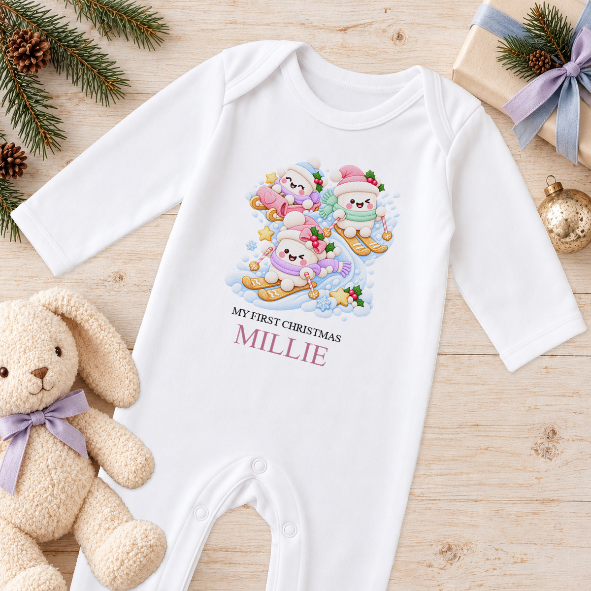 Personalised Snowman Ski Day baby Christmas sleepsuit with a custom name