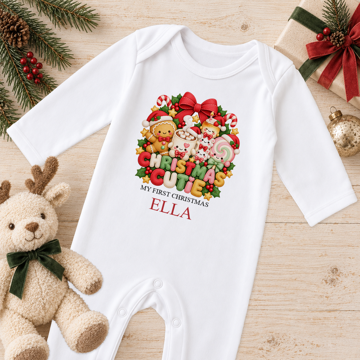 Personalised Christmas Cutie baby Christmas sleepsuit with a custom name