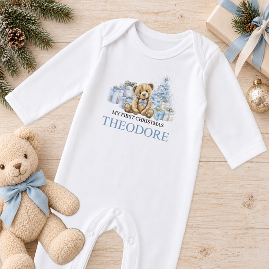 Personalised Blue Teddy and Presents baby Christmas sleepsuit with a custom name