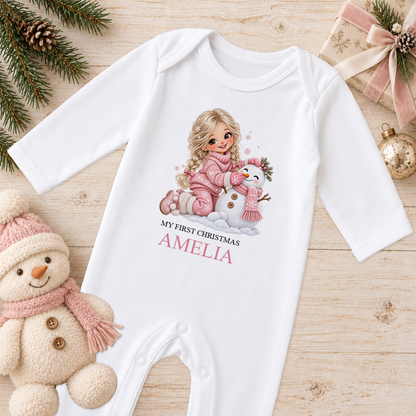 Personalised Blonde Girl and Snowman baby Christmas sleepsuit with a custom name