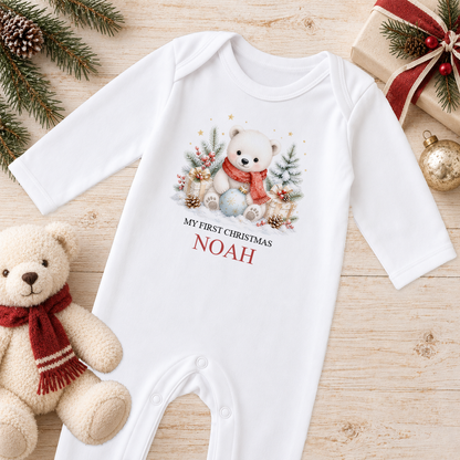 Personalised Polar Bear in Red Scarf baby Christmas sleepsuit with a custom name