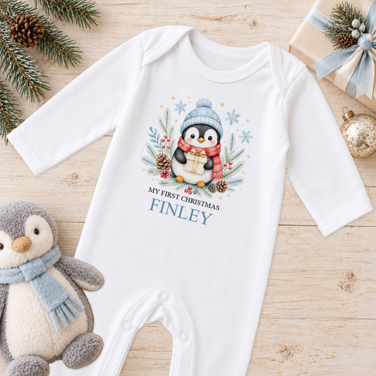 Personalised Penguin with Present baby Christmas sleepsuit with a custom name