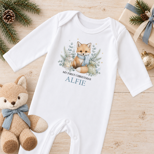 Personalised Winter Fox baby Christmas sleepsuit with a custom name