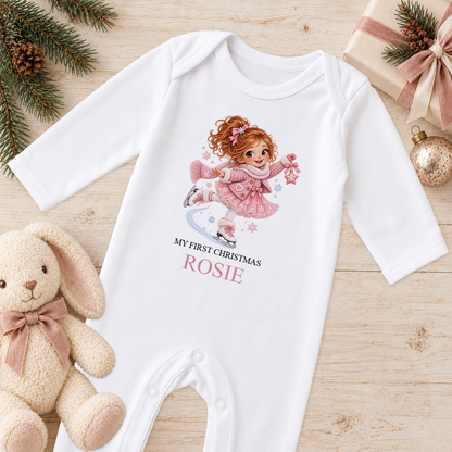 Personalised Ice Skating Girl baby Christmas sleepsuit with a custom name