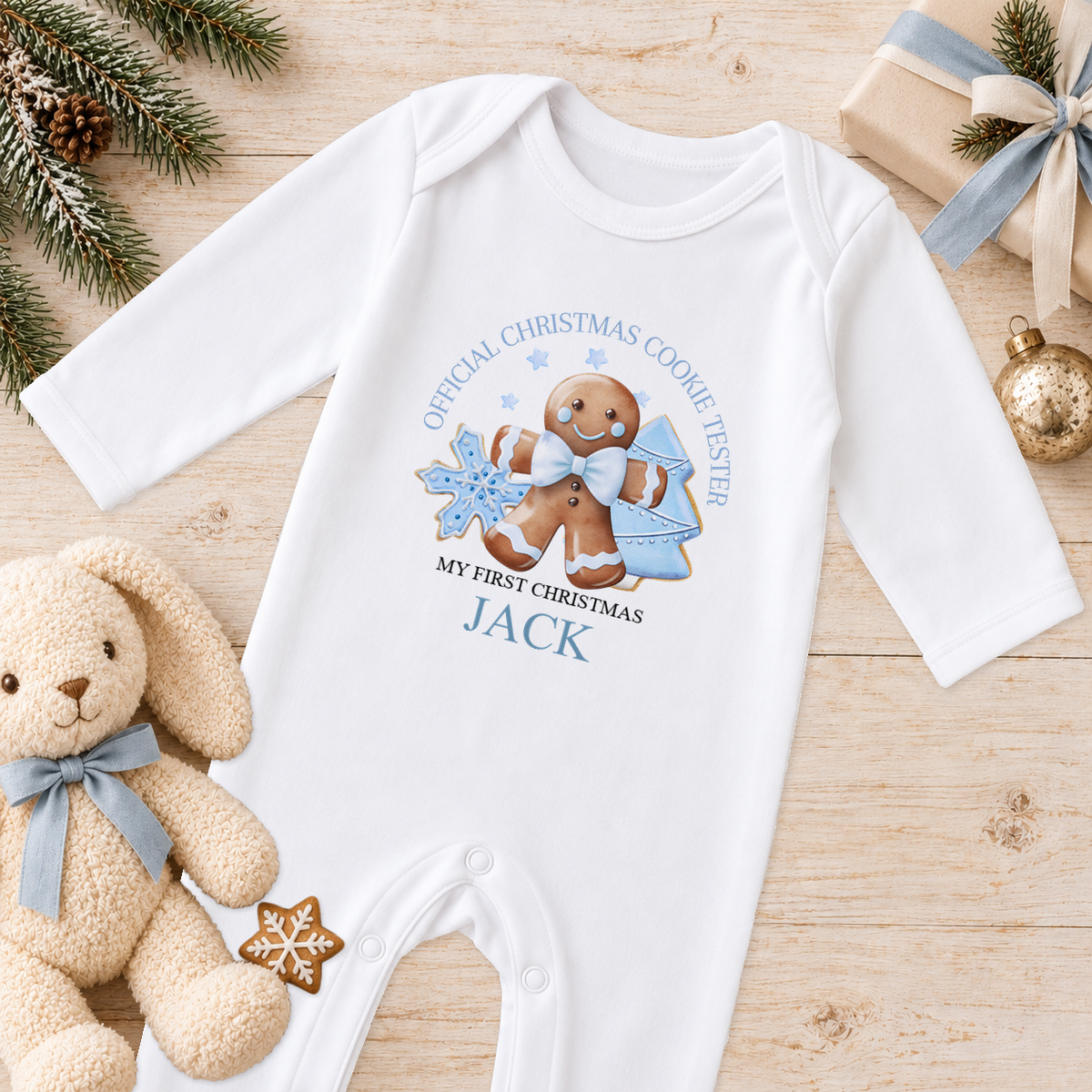Personalised Blue Cookie Tester baby Christmas sleepsuit with a custom name