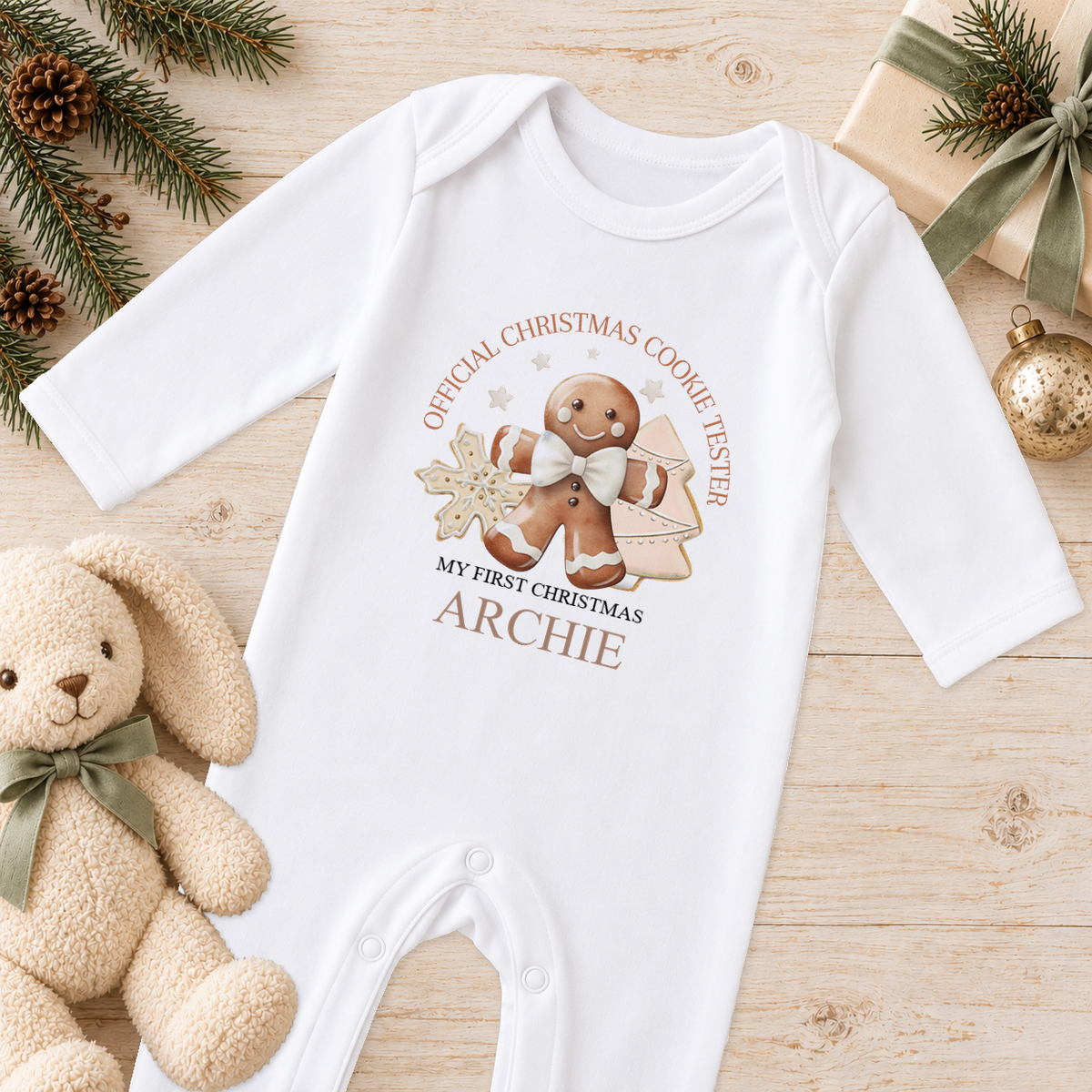 Personalised Classic Cookie Tester baby Christmas sleepsuit with a custom name
