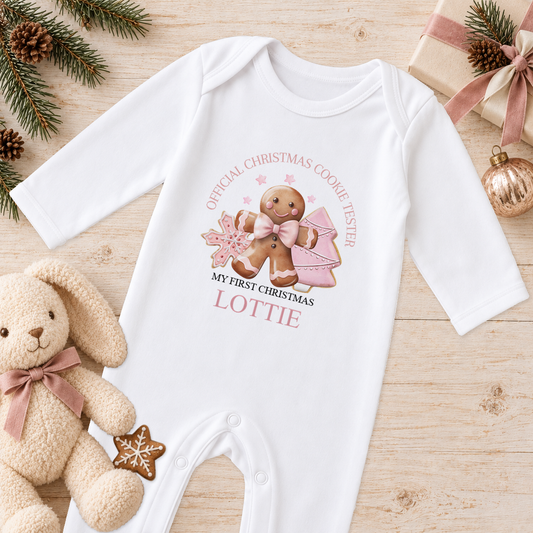 Personalised Pink Cookie Tester baby Christmas sleepsuit with a custom name