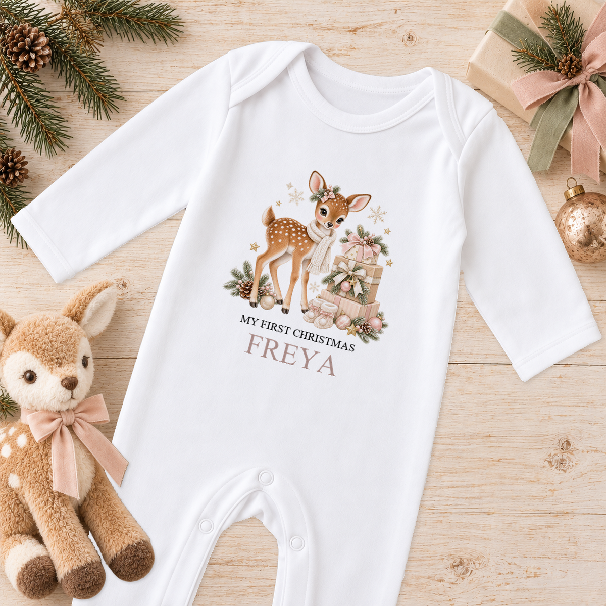 Personalised Fawn and Gift Stack baby Christmas sleepsuit with a custom name