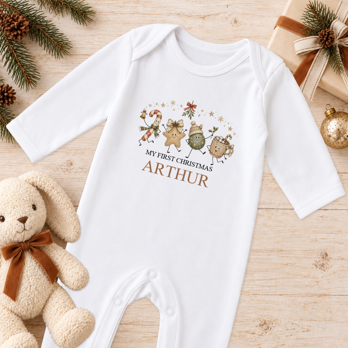 Personalised Festive Friends baby Christmas sleepsuit with a custom name
