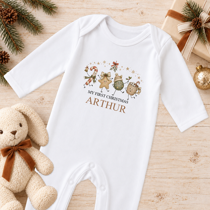 Personalised Festive Friends baby Christmas sleepsuit with a custom name