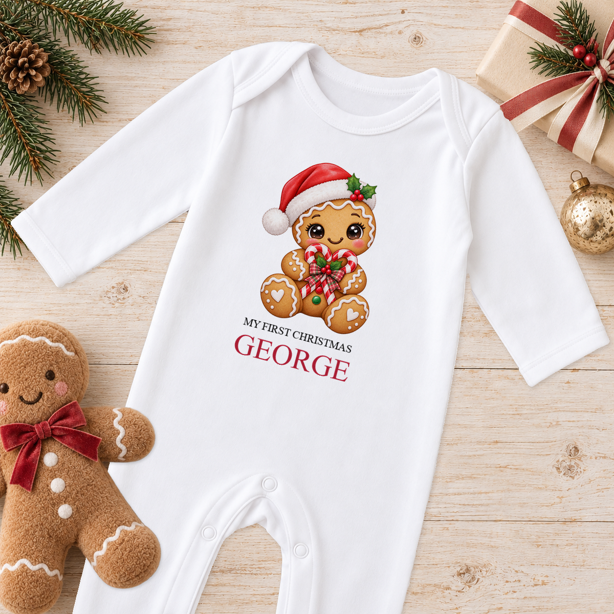 Personalised Gingerbread Candy Cane Heart baby Christmas sleepsuit with a custom name