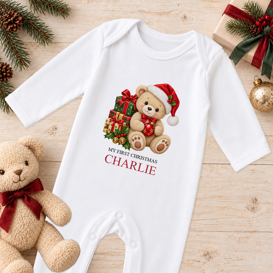 Personalised Teddy with Presents baby Christmas sleepsuit with a custom name