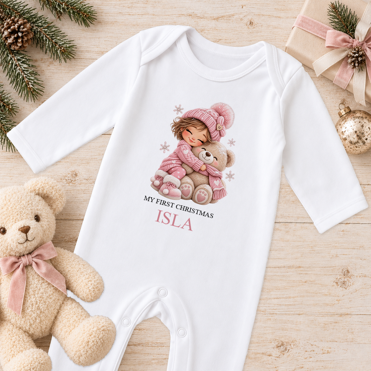 Personalised Girl Hugging Teddy baby Christmas sleepsuit with a custom name