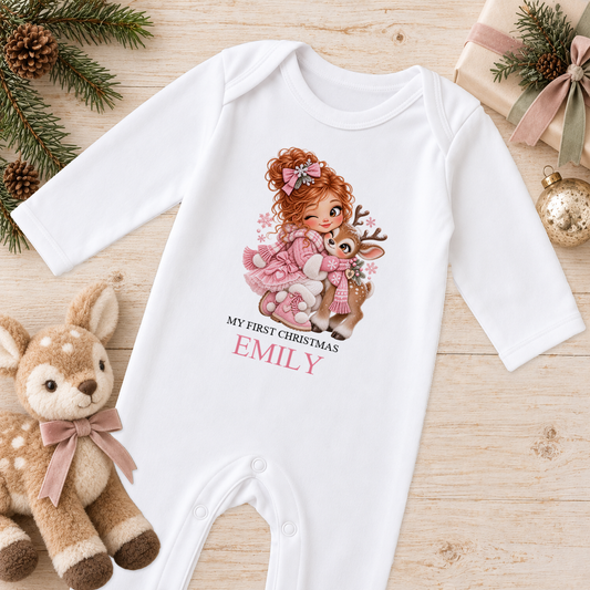 Personalised Girl Hugging Reindeer baby Christmas sleepsuit with a custom name