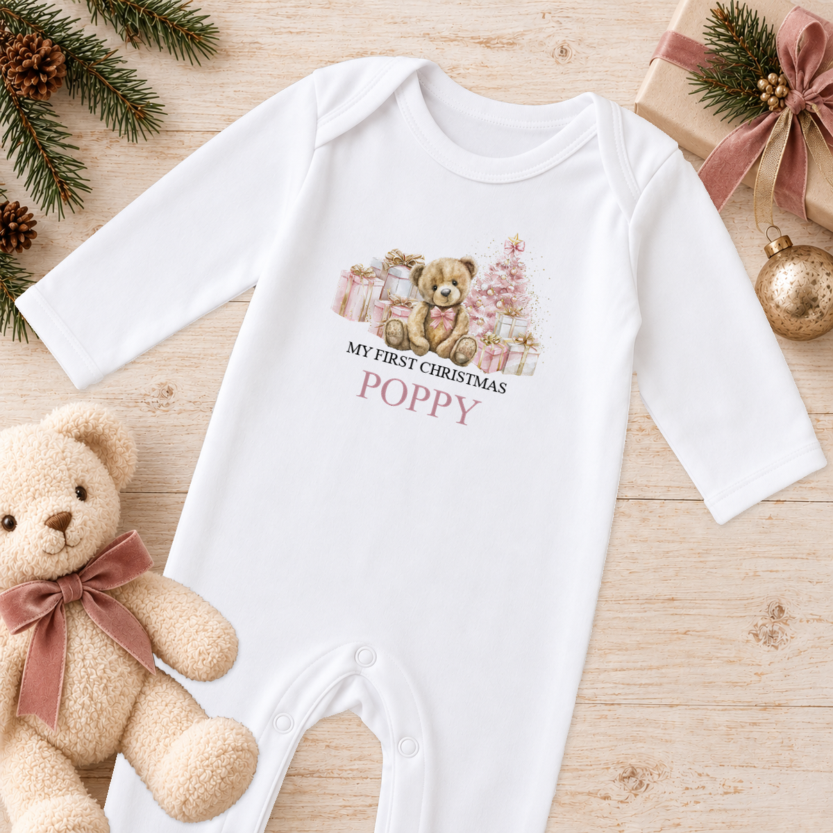 Personalised Pink Teddy and Presents baby Christmas sleepsuit with a custom name