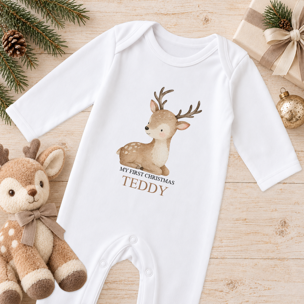 Personalised Baby Reindeer baby Christmas sleepsuit with a custom name