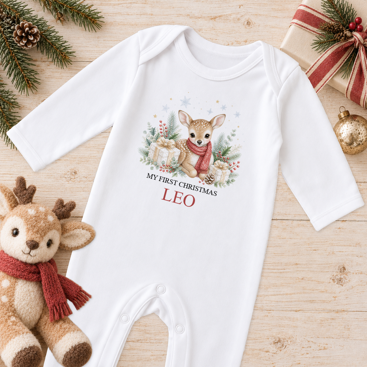 Personalised Baby Deer Red Scarf baby Christmas sleepsuit with a custom name