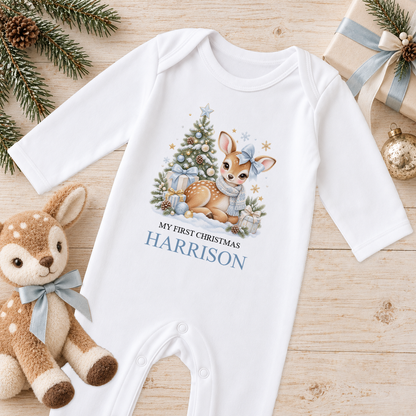 Personalised Blue Bow Fawn baby Christmas sleepsuit with a custom name