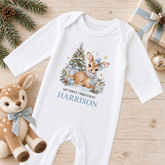 Personalised Blue Bow Fawn baby Christmas sleepsuit with a custom name