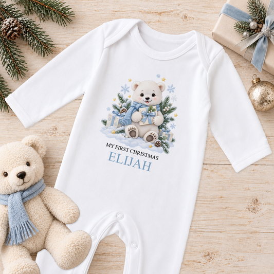 Personalised Polar Bear with Present baby Christmas sleepsuit with a custom name