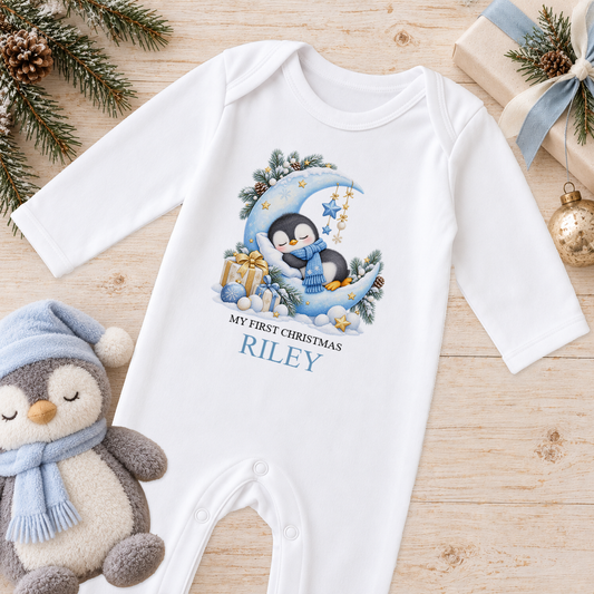 Personalised Sleepy Penguin Moon baby Christmas sleepsuit with a custom name