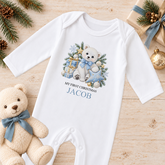 Personalised Polar Bear Blue Bow baby Christmas sleepsuit with a custom name