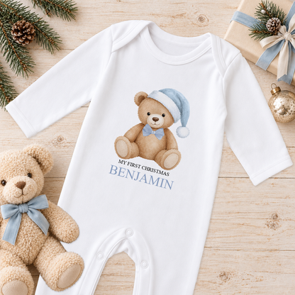 Personalised Blue Hat Teddy baby Christmas sleepsuit with a custom name
