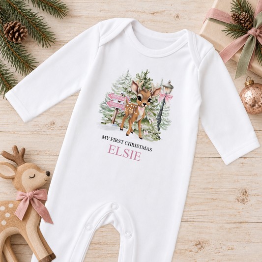 Personalised North Pole Fawn Pink Bow baby Christmas sleepsuit with a custom name